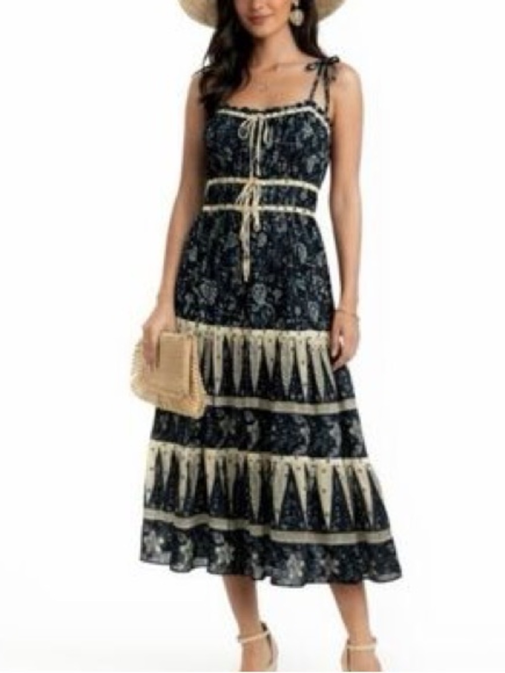 Christian Lacroix Bohemian Navy and Cream Tiered Midi Dress with Tie Details - Picture 3 of 11